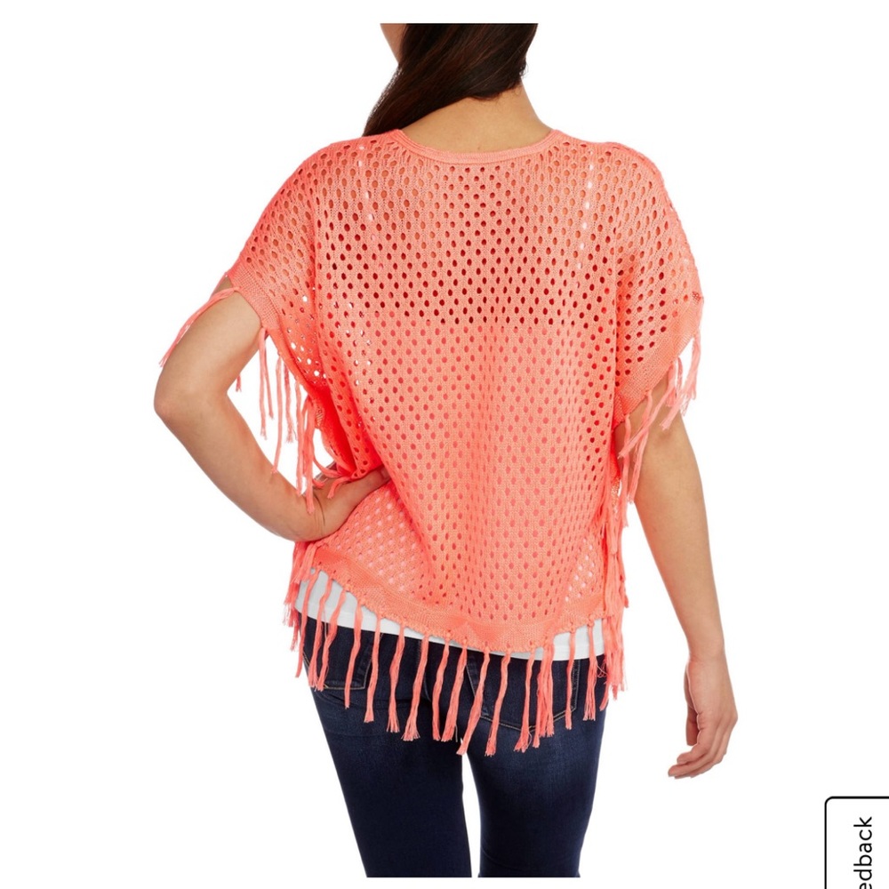 NWOT Coral Orange Pullover Crochet Poncho with Fringe - Picture 4 of 6
